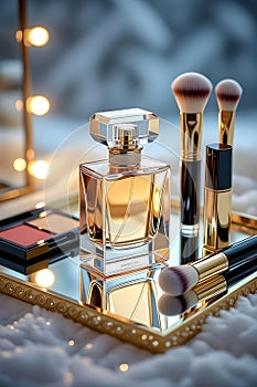 Elegant Perfume Bottle With Makeup Brushes On Mirror Vanity