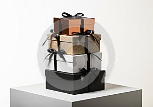 AI generated. Elegant Stack of Luxury Gift Boxes with Black Ribbons