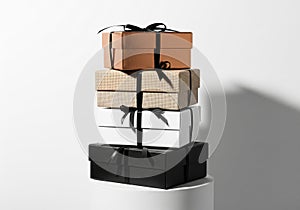 AI generated. Elegant Stack of Luxury Gift Boxes with Black Ribbons