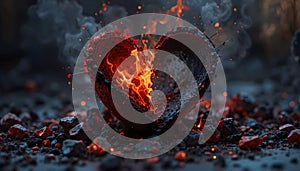 Burning Broken Heart Shaped Ember Sculpture Surrounded By Glowing Sparks And Dramatic Smoke