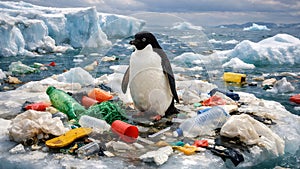 Lonely Penguin Standing Among Plastic Waste On Melting Ice Environmental Crisis Concept