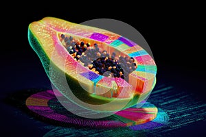 Cyberfruit papaya with technicolor skin and neon geometry photo