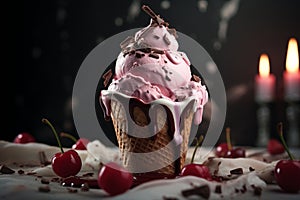 AI Generated eye catching strawberry ice cream waffle cone with chocolate sprinkles, Ice Cream surrounded by cherries