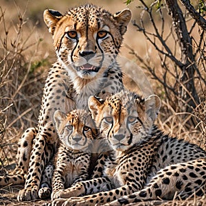 AI generated family of Cheetahs - a mother and two of her cubs