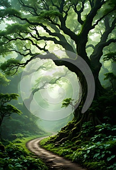 Enchanted Forest Path Beneath Towering Ancient Trees With Soft Diffused Light