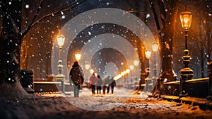 AI Generated. A festive blurry scene of an atmospheric Christmas park with figures of people hurrying along a snow-covered alley.