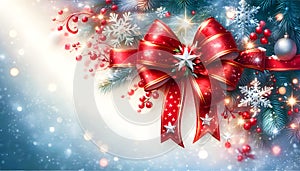 Elegant Red Christmas Ribbon With Snowflakes And Sparkling Festive Lights