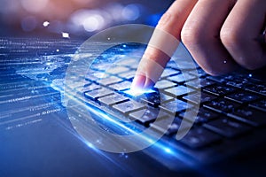 AI generated finger pressing glowing keyboard key with digital code and global network overlay symbolizing cybersecurity data