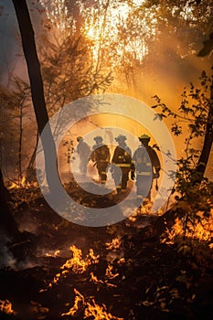 AI generated Firefighters fighting a fire in a forest