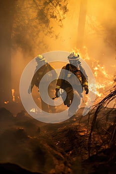 AI generated Firefighters fighting a fire in a forest