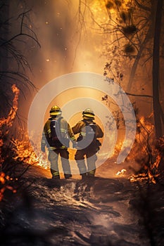 AI generated Firefighters fighting a fire in a forest