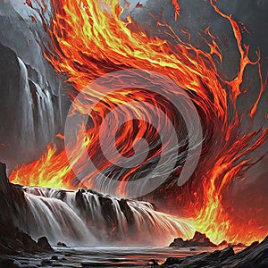 AI generated flames of fire rising huge in the midst of waterfalls