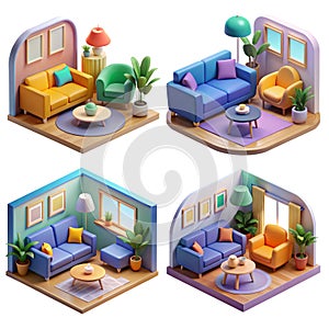 AI generated flat colors four different living room sets.