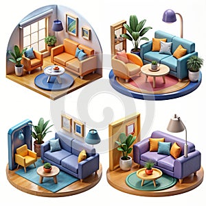 AI generated flat colors four different living room sets.