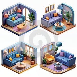 AI generated flat colors four different living room sets.