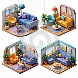 AI generated flat colors four different living room sets.