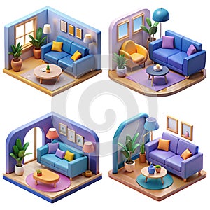 AI generated flat colors four different living room sets.