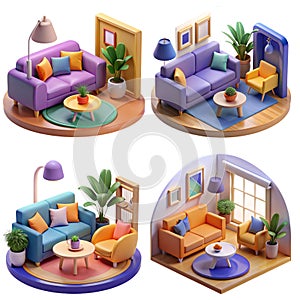 AI generated flat colors four different living room sets. photo