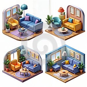 AI generated flat colors four different living room sets. photo