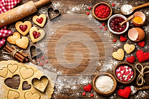 Valentine Baking Background With Heart Shaped Cookies And Ingredients On Wooden Table