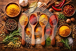 Colorful Assorted Spices In Wooden Spoons On Rustic Kitchen Table Background