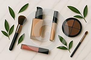 Flat lay of makeup products on a marble surface