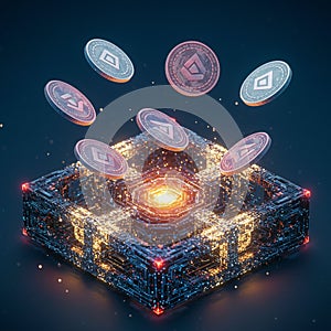 AI Generated Floating Coins Above Glowing Circuit-Board Structure