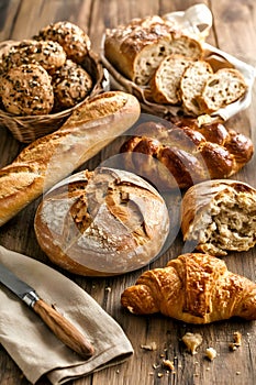 Assorted Artisan Breads Displayed On Rustic Wooden Table Setting