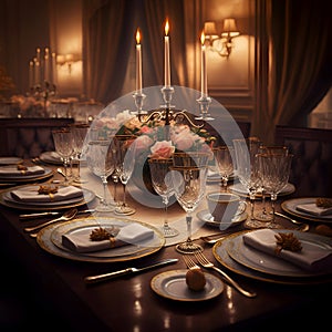 AI Generated: Formal Dining Table Setting with Candles and Flowers