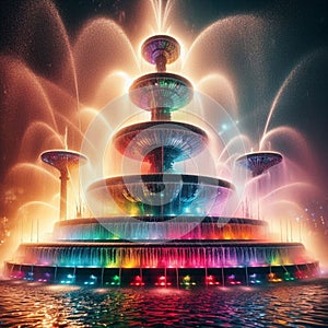 AI generated fountain of vivid and vibrant colors in a dark night