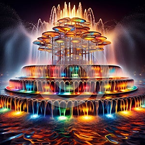 AI generated fountain of vividly colourful water in a dark night