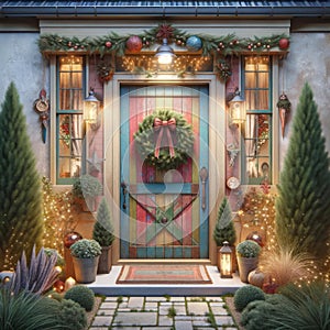 Colorful Country Front Wood Entrance Door Home Decorations Christmas Holiday Celebrating Season Wreath AI Generate