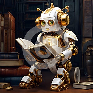 AI generated futuristic baby humanoid cyborg reading in library