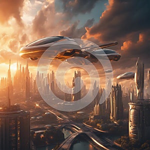 AI generated futuristic cityscape featuring a flying taxi as the sun sets in the horizon photo