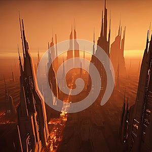 AI-Generated Futuristic Cityscape with Towering Buildings and Bright Lights photo