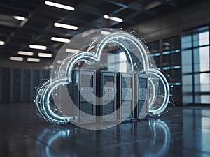 AI Generated Futuristic Cloud Computing Concept with Data Servers in Modern Data Center