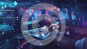 AI generated futuristic command center dashboard with global data analytics interface