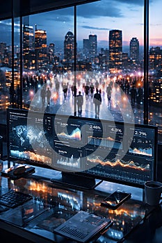 Futuristic Data Monitoring Office Overlooking Crowd In Smart City Night