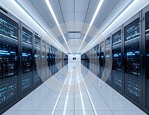 Futuristic Data Center Server Room Corridor with AI Cloud Computing Infrastructure Cyber Security Technology