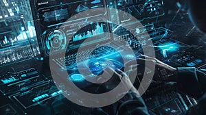 AI generated futuristic data command interface with holographic analytics dashboard