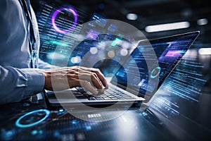 AI generated futuristic developer hands typing on laptop with digital code interface representing programming cybersecurity data