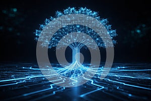 AI generated futuristic digital data tree with glowing circuit branches and roots symbolizing artificial intelligence big data