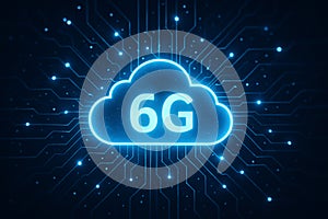 AI generated futuristic 6G digital cloud system glowing blue circuits data seamless connection modern technology