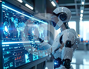 Futuristic Artificial Intelligence Robot Analyzing Digital Data Dashboard â AI Technology Analytics Interface Concept