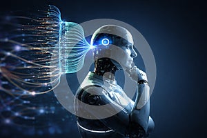 AI generated futuristic humanoid robot with neural network data streams and cognitive computing visualization representing