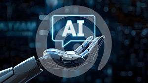 Robotic Hand Presenting Artificial Intelligence Concept With Glowing Digital Speech Bubble