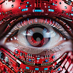 AI generated futuristic image of a human eye with robotic features