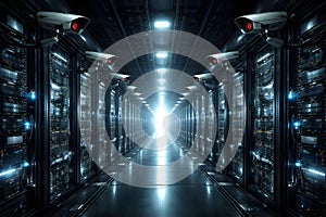 Futuristic Server Hall With Surveillance Cameras Symbolizing Authoritarian Digital Oversight