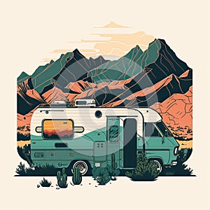 AI Generated. Generative AI. Vintage Retro camper rv home truck. Adventure trip journy motivational poster. Can be used for