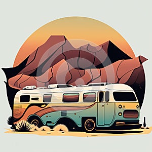 AI Generated. Generative AI. Vintage Retro camper rv home truck. Adventure trip journy motivational poster. Can be used for